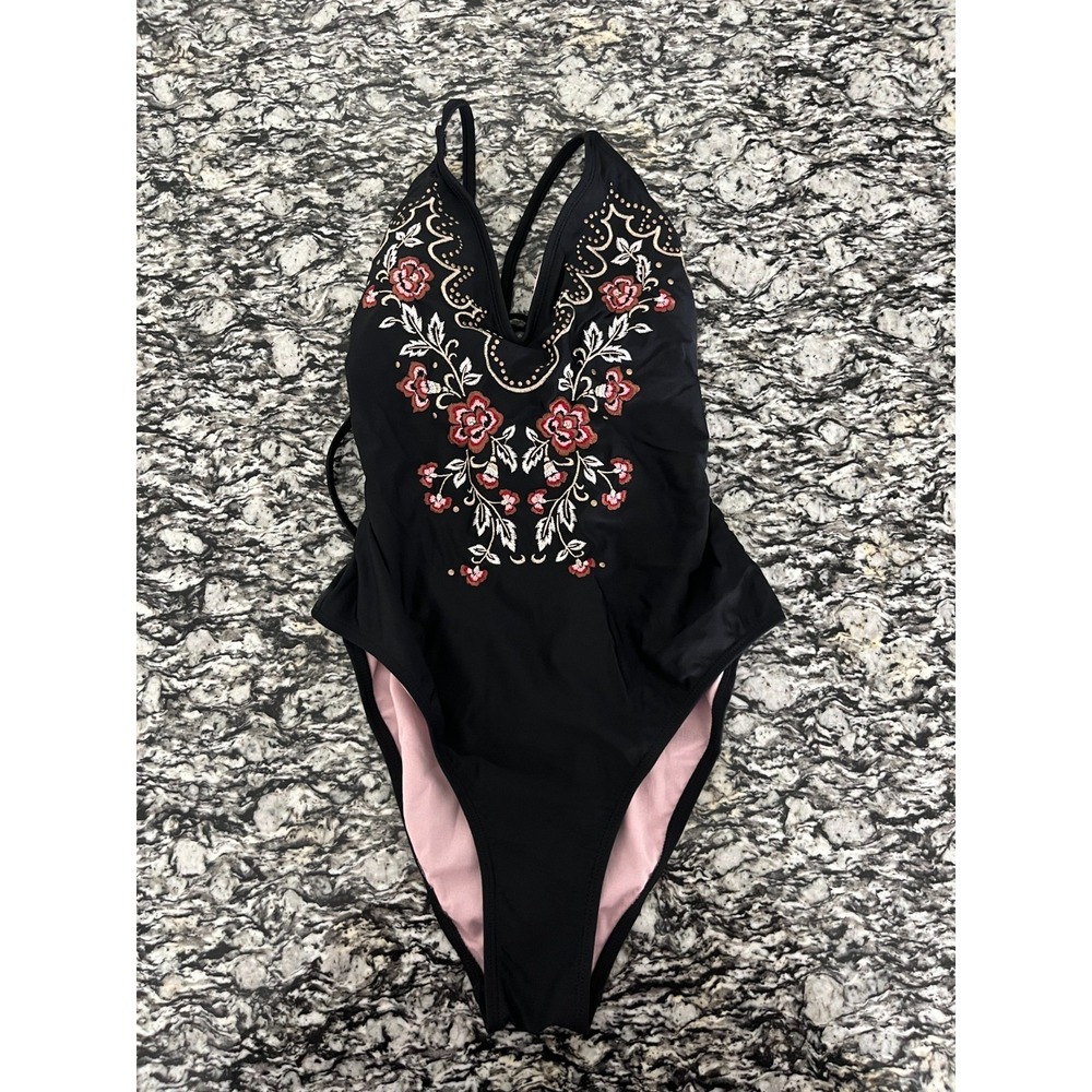 Xhilaration One Piece Swimsuit Womens M Black Embroidered Floral Plunge V Neck
